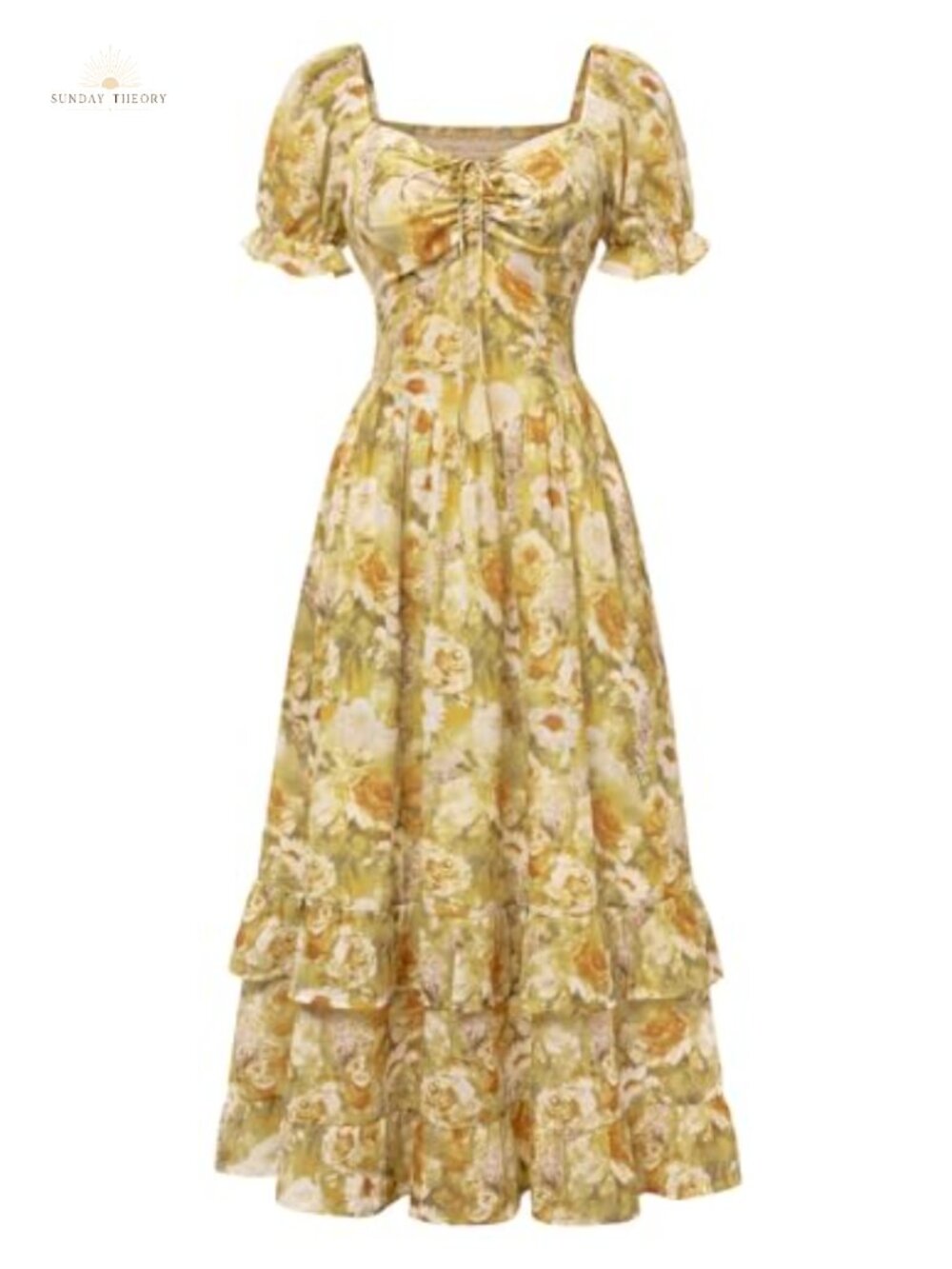 Floral Maxi Dress Puff Sleeve Sweetheart Corset Waist Ruffled Hem